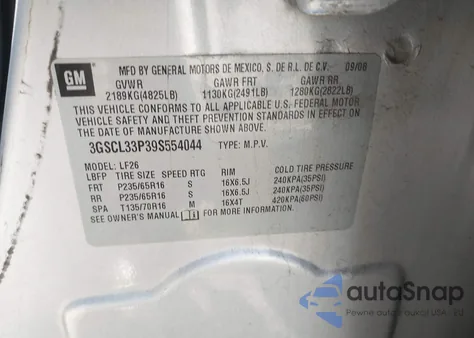 2009 Saturn Vue 4-Cyl Xe z USA, uszkodzony, nr VIN 3GSCL33P39S554044